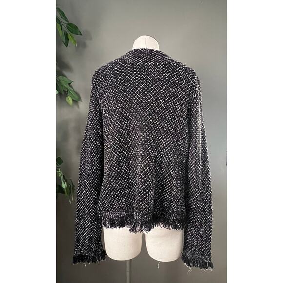 White House Black Market Black Knit Tweed Raw Hem Open Jacket Size Medium - Picture 9 of 10